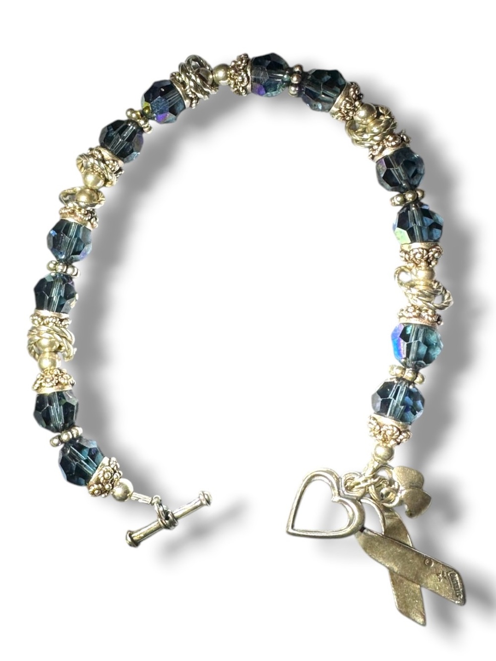 Sterling Silver Blue Crystal Beaded Bracelet Heart Charm Awareness Ribbon